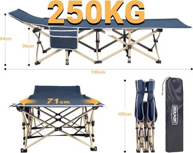 Розкладне ліжко Overmont для кемпінгу - туристичне ліжко 190 x 71 x 36 см, до 250 кг, з кишенею та сумкою для перенесення