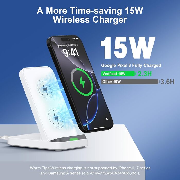Бездротовий зарядний стан 15W для Samsung Galaxy S25/S24/S23/S22/S21 FE та iPhone 16/15/14, Google Pixel 9/8/7/6 (білий)