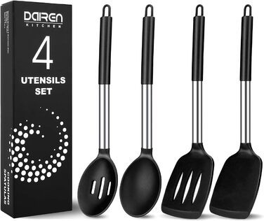 Silicone Spatula and Spoon Set, 4-Piece Silicone Kitchen Utensils Cooking Utensil Set with Stainless Steel Handle, Non-Stick Heat-Resistant Black Cooking Utensil Set, Healthy, Dishwasher Safe