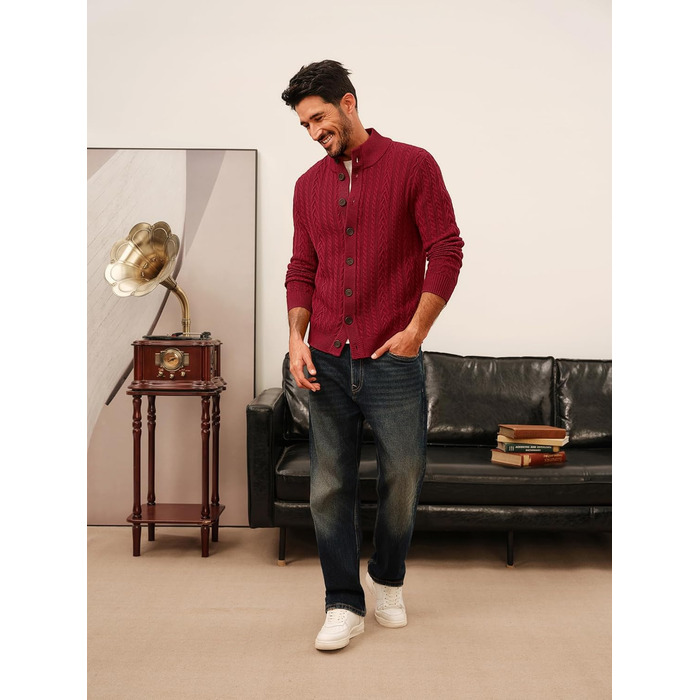 Кардиган чоловічий PJ PAU JONES з візерунком коси, на ґудзиках, грубий трикотаж (XL, Бордовий)