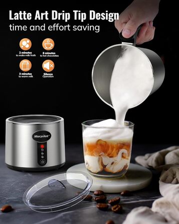 Електричний піноутворювач для молока Morpilot, 500 мл, 650 Вт, нержавіюча сталь, миється в посудомийній машині, для гарячого та холодного молока, шоколаду, антипригарне покриття