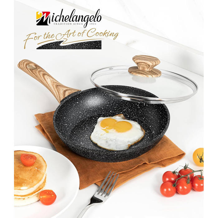 Сковорода з антипригарним покриттям Michelangelo з кришкою 28 см, глибока сковорода для смаження та тушкування, чорна, підходить для індукційних плит