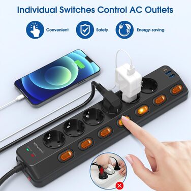 Мережевий фільтр 6-фазний з індивідуальним вимикачем, USB-C (PD 20W) та 2 USB-A, захист від перенапруги (3680W/16A), 3м кабель, чорний