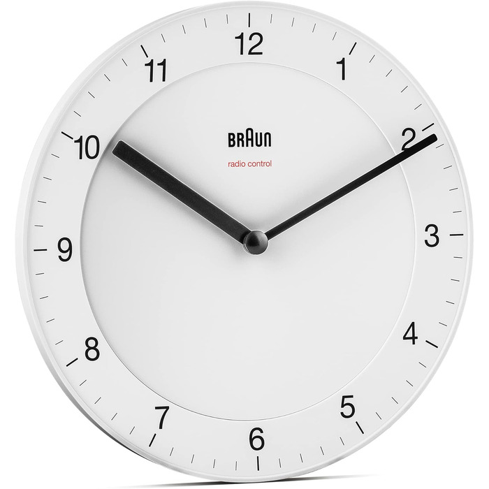 Braun Classic Radio Wall Clock, Central European Time Zone (CET/GMT+1) with a quiet movement, easy-to-read dial with a 20 cm diameter in white, model BC06W-DCF.