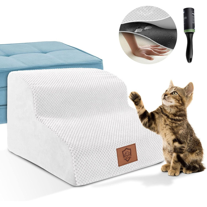 Pet Stairs, Dog Stairs, Foam Sofa Dog Stairs, Washable Non-Slip Cat Stairs, Dog Stairs for Small Dogs and Cats, Portable Dog Ramp for Bed, Couch and Car (2 Steps Dog Stairs, white)