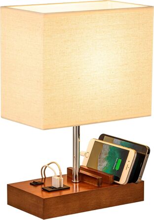 Настільна лампа Dreamholder з 3 USB-портами (A+C), підставкою для телефону, для спальні, вітальні, офісу, з натуральним дерев'яним цоколем та тканинним абажуром (цоколь з горіхового дерева)