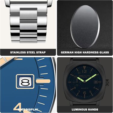 MEGALITH Годинник чоловічий Military, спортивний, Outdoor, водонепроникний з шкіряним ремінцем, сталевий корпус, велике циферблат, свідовий календар, аналоговий кварцовий годинник для чоловіків, дизайн (A-1 Срібло/Блакитний)