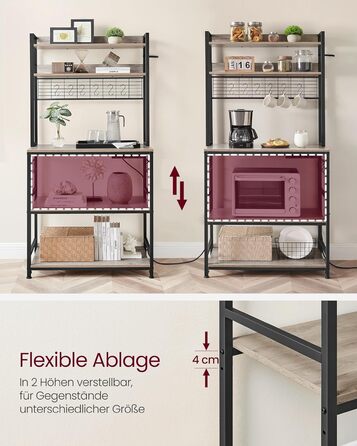 Стелаж кухонний VASAGLE з розетками, для мікрохвильової печі, з решіткою, 14 гачків, антрацит-чорний (40 x 80 x 170 см)