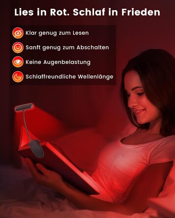 Ліхтарик для читання з червоним світлом 670 нм, кліпса на книгу, з функцією пам'яті, димування та USB-зарядкою. Без синього світла, портативний, для ліжка та захисту очей.