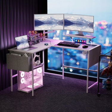 Ігровий кутовий стіл VidaTeco L-подібний, білий, LED-підсвітка, 120-150 см, з розеткою