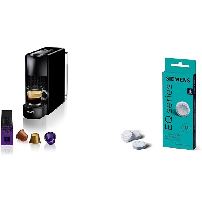 Кавова капсульна машина Nespresso Krups XN1108 Essenza Mini чорна + Siemens таблетки для очищення TZ80001A, 10 шт, без капучинатора, комплект