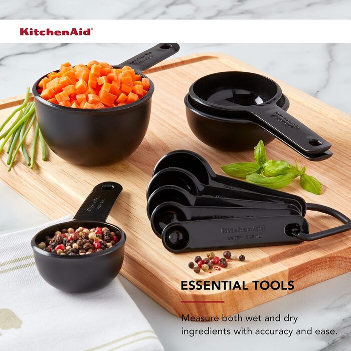 KitchenAid Universal Measuring Cup and Spoon Set, 1/4, 1/2, 1/3 and 1 cup sizes and 1 tablespoon, 1/2 tablespoon, 1 teaspoon, 1/2 teaspoon, and 1/4 teaspoon, dishwasher safe, 9 pieces, black