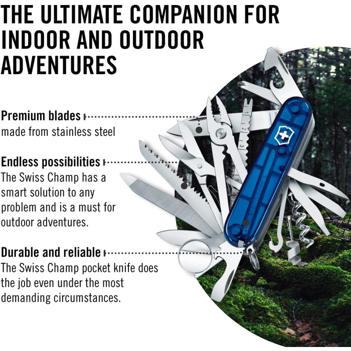 Мультитул Victorinox Swiss Champ: 33 функції, ніж, коркомаг, викрутка, блакитний, Швейцарія