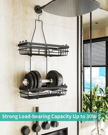 HapiRm Shower Shelf for Hanging with Razor Holder & Soap Holder, Hanging Shower Shelf with Multiple Hooks - High-Quality Hanging Shower Basket Stainless Steel No Drilling, Black