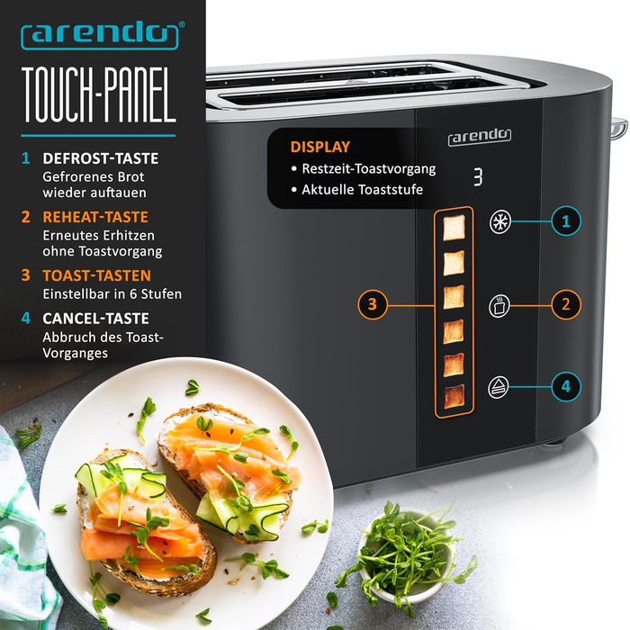 Тостер Arendo з нержавіючої сталі, 2 відділення, сенсорний екран, подвійні стінки, 800 Вт, підставка для тостів, 6 рівнів підсмажування, центрування хліба, індикатор часу, функція пам'яті, колір: чорний