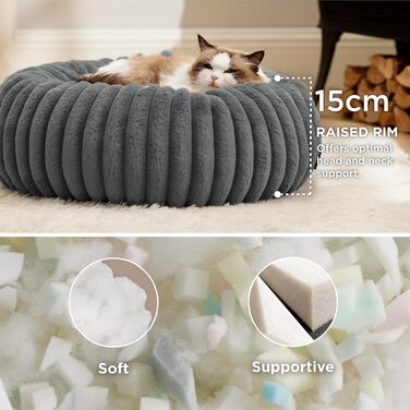 BEDSURE Ортопедичне ліжко для котів - м'яке кругле софа для котів, 51x51x15 см, знімний чохол з Cord-Fleece, антиковзаюча підкладка, сірий
