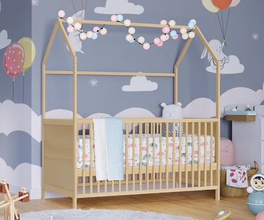 Bellabino Nika Babybett in House Design 70 x 140 cm, cot and house bed for children and babies made of solid pine wood in natural finish, 3-fold height adjustable including slatted base.