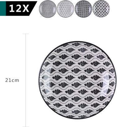 Набір тарілок Vancasso Haruka: 12 шт. (глибокі, Ø 21 см, 700 мл, чорний + кремовий)