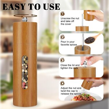BOCHION Salt and Pepper Grinder Set, Wooden Grinder Set Large with Coaster, Salt and Pepper Grinder with Adjustable Ceramic Grinder, Grinding from Coarse to Fine, for Pepper, Salt, Spices, 2-Piece Set 18 cm