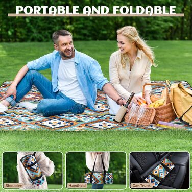 Килимок для пікніка SOMLAW вологостійкий, великий (200x200 см) для 4-6 осіб, з ручкою, Boho стиль, ідеальний для кемпінгу та пляжу