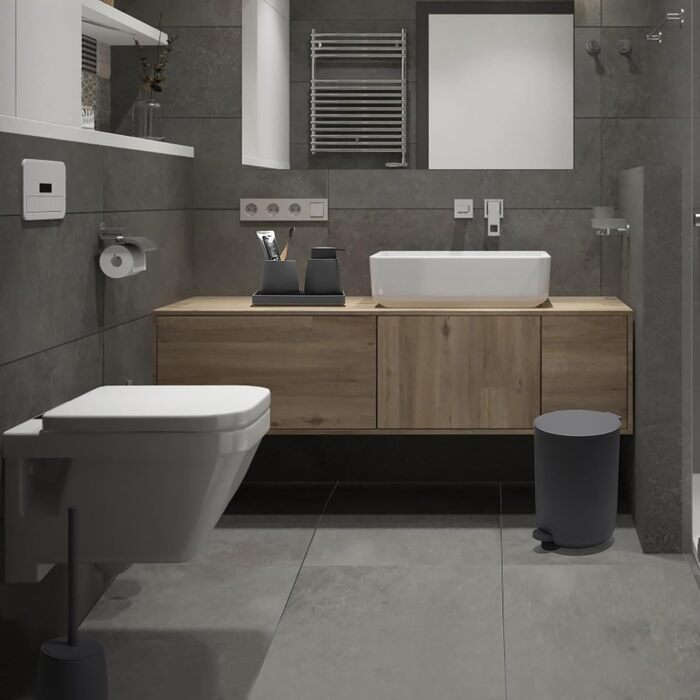 Набір для ванної кімнати AJEUNGAIN, сірий, 5 предметів: відро для сміття, тримач для туалетного паперу, диспенсер для мила, стакан для зубних щіток, піднос.