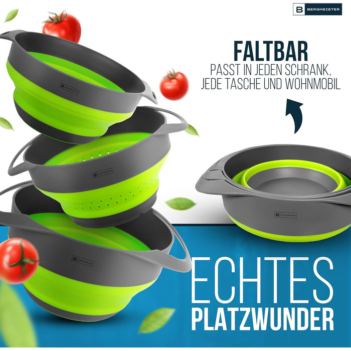Bergmeister® Foldable Bowl Set 3in1 with Strainer 1.7L / 2.8L Multifunctional, Dishwasher-Safe, Space-Saving Marvel for Every Home and Outdoor Camping Kitchen