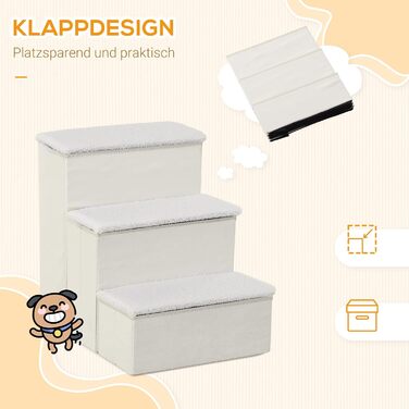 PawHut Pet Stairs Cat Stairs Dog Stairs Folding 3 Steps Pet Stairs with Storage for Cats and Dogs MDF White 40 x 54 x 48 cm