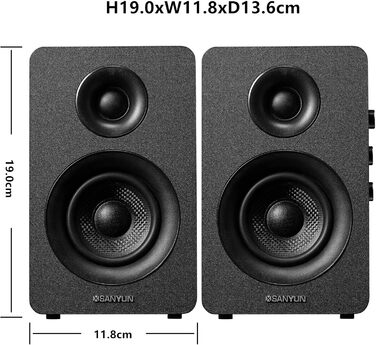 Sanyun SW208: Активні Bluetooth 5.0 колонки на полицю, 60W, вуфер з карбону, вбудований 24-бітний ЦАП, 3D-звук, 2.0 для ПК/монітора (пара, чорний)