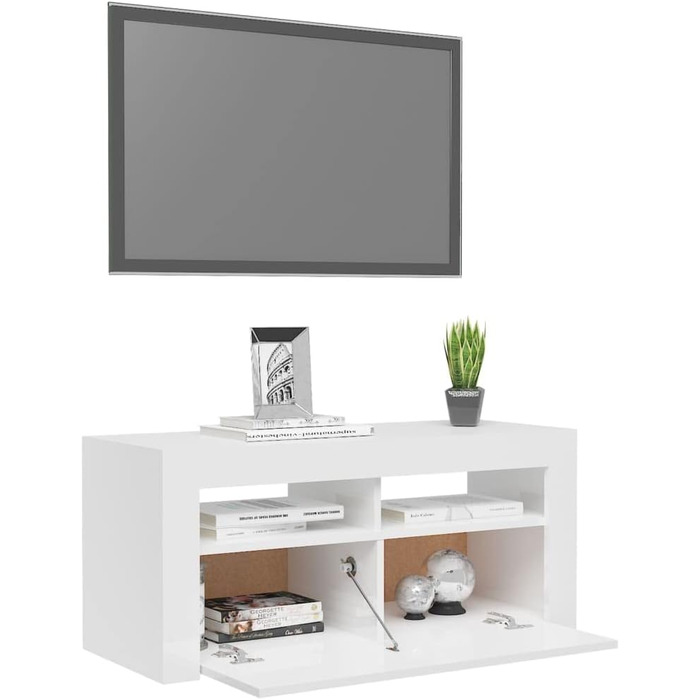 ТВ тумба vidaXL з LED підсвіткою, глянцева біла, 90x35x40 см, низька шафа для телевізора, медіатумба, HiFi меблі