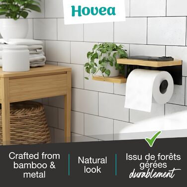 Тримач туалетного паперу Hovea з 2 полицями - настінний, без свердління, метал та дерево, чорний & бамбук