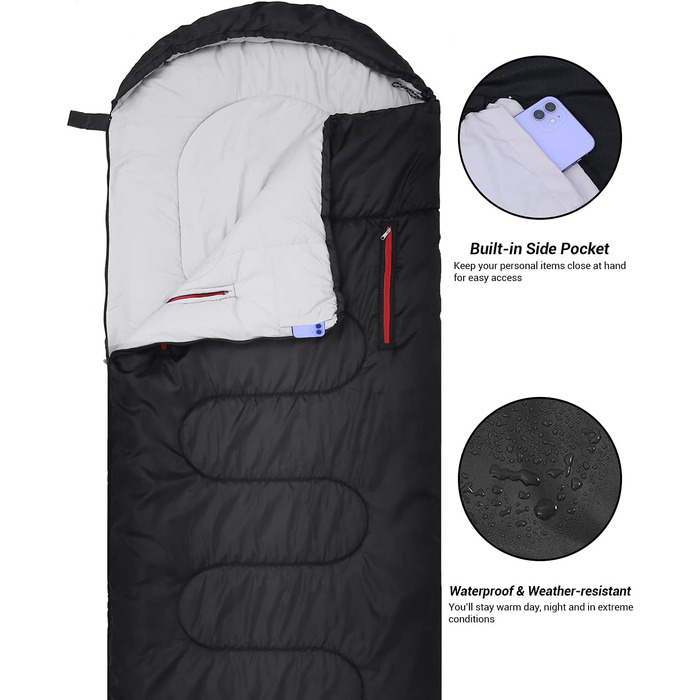 3-4 Season Sleeping Bag - Waterproof & Lightweight Sleeping Bag for Camping, Travel & Outdoor Activities - Ideal for Adults - 220 x 84 cm - 1.9KG - Black