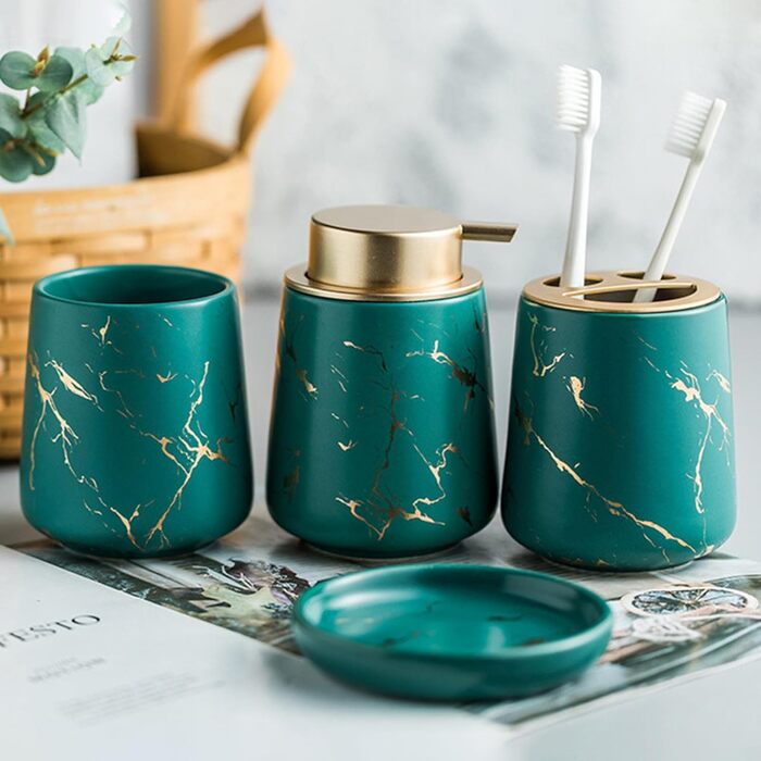 Набір аксесуарів для ванної кімнати: 4 предмети з ефектом темного зеленого мармуру (дозатор мила, тримач для зубних щіток, стакан, мильниця)