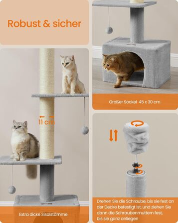 Когтеточка для котів Feandrea, 231-291 см, регульована висота, XXL, багатоярусна, товсті стійки (11 см), з будиночком, лежаком та платформою (світло-сіра)