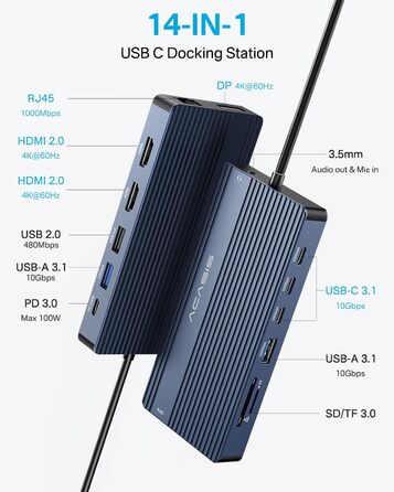 Хаб USB-C ACASIS DS0202 з двома виходами HDMI та DP (4K60Hz), Ethernet, 3 USB, 10Gbps, 100W PD, SD/TF, Audio, для MacBook/Dell/HP/Lenovo