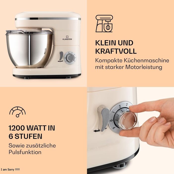 Klarstein Bella Kitchen Machine - Stand Mixer with 6 Speed Settings, Stainless Steel Beater, Pulse Function, Planetary Mixing System, 3 Mixing Attachments, 1200 W Power, cream