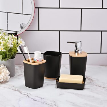 Yorkmills 6-Piece Bamboo Bathroom Accessory Set, Bathroom Accessory Set, Bathroom Trash Can and Toilet Brush Set, Modern Trash Can, Toothbrush Holder Cup, Soap Dish Holder