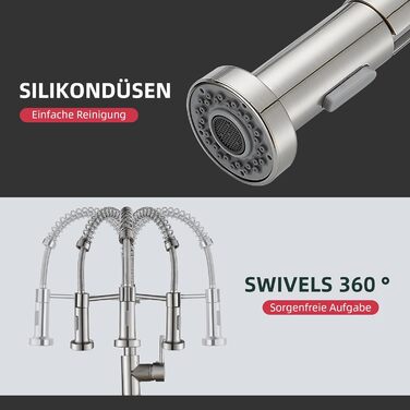 Кран кухонний Cobbe з висувним виливом та душем, 2 режими, поворотний на 360°, високий тиск, матовий нікель