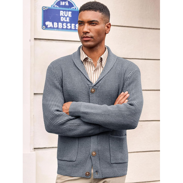 Чоловіча в'язана куртка Runcati з коміром-шарфом, візерунок коси, ґудзикова застібка, зимова, велика в'язана з кишенями, сірий XL