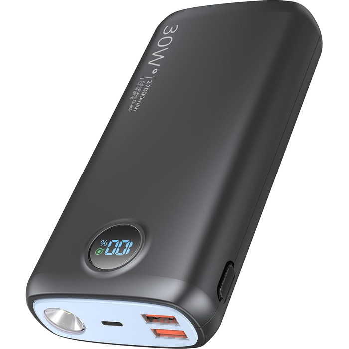Power Bank 27000mAh 30W PD3.0 QC4.0 Blau – Зовнішній акумулятор для iPhone, Samsung, iPad з LED-дисплеєм та ліхтариком
