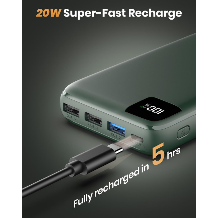 Power Bank Bilivein 27000mAh з LED дисплеєм: швидка зарядка 22,5W, PD/QC, USB-C, для телефонів та планшетів (зелений)