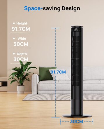 Вентилятор Tower Leise з Пультом, 91 см: 5 Режимів, 6 Швидкостей, Таймер 12 год, ECO-режим, Обертання 70°, для Вітальні та Спальні