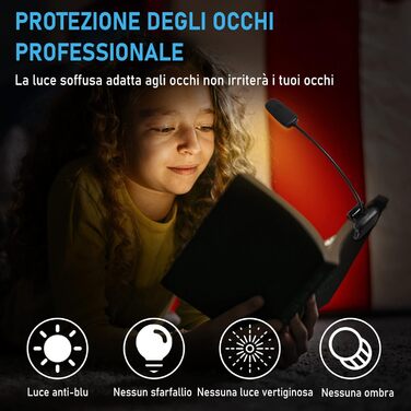 LED-лампа Diboniur для читання з кліпсою, 9 світлодіодів, 3 режими кольору та 3 рівні яскравості, USB-зарядка, гнучка на 360°, для книг в ліжку, енергоклас A+++
