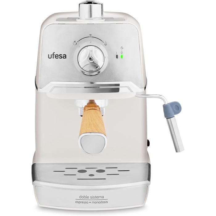 Ufesa 7238 Espresso Machine with Milk Frother, 20 Bar, Cup Warmer, Compact Classic Design, White