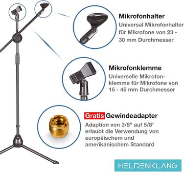 Підставка для мікрофонів Heldenklang® на 2 мікрофони – зі знімним кріпленням, 2 мікрофонними зажимами та адаптером – велика тринога для стійкості. Dual-Mic
