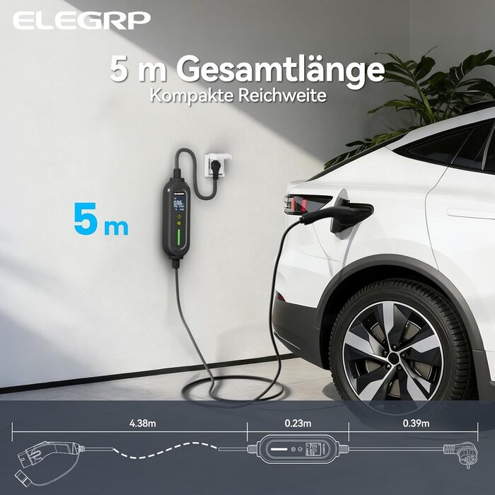 Кабель для зарядки електромобіля Type 2 Schuko 3.68kW (5м) ELEGRP, регульований 6-16A, IP66, з відкладеним стартом