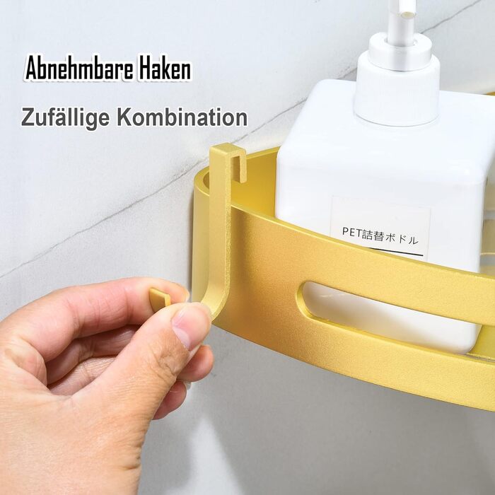 Поличка для душу без свердління, кутова поличка для ванної кімнати з алюмінію Space, трикутна корзина для душу з гачками, органайзер для шампуню, антикорозійна (2 шт., піскоструминне золоте покриття)
