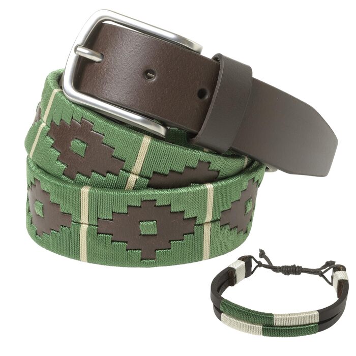Аргентинський шкіряний ремінь з шнуром та шкіряним браслетом. Шкіряний ремінь з вишивкою для чоловіків та жінок. Аргентинські пояси (зелено-бежевий, 115)