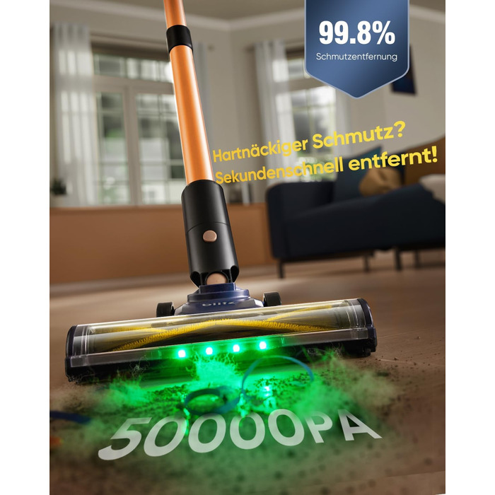 Бездротовий пилосос Vexilar V12 Akku: 50 хв роботи, 50 kPa, 450 W, антинамотування, легкий, безщітковий мотор, для твердих поверхонь, килимів, шерсті тварин (жовтий)