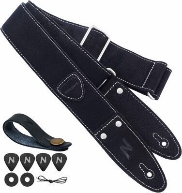 Гітарний ремінь Nefelibata з повного нубуку, з кишенькою для медіатора, для бас-гітари, електрогітари та акустичної гітари, з медіаторами, кнопками та замками (Чорний Зірка)