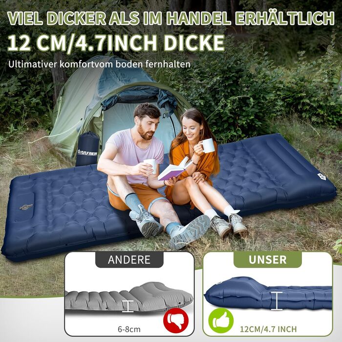 ARFNKIM Self-Inflating Camping Mat - 12cm Thick Sleeping Pad with Foot Pump & Pillow - Lightweight, Compact, Waterproof Sleeping Mat for Outdoor Use (Green/Blue)